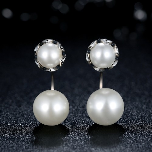 Freshwater Cultured Double White Pearl 925 Sterling Silver Stud Dangle Earring