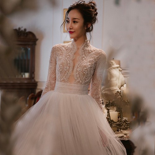 Lace Wedding Dresses High Neck Long Sleeve With Beading Appliques Bride Gowns