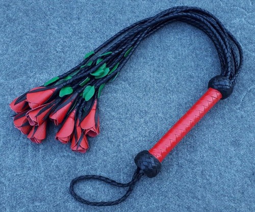 HANDMADE CAT O NINE TAILS REAL LEATHER FLOGGER RED ROSES /& GREEN LEAVES WHIP