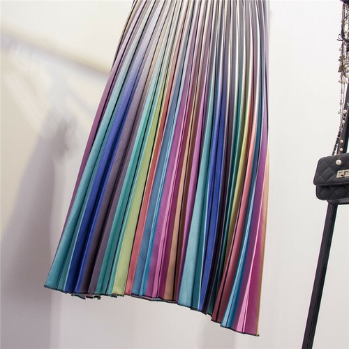 New Womens Rainbow Pleat Casual A Line skirt Girl High waist Gradient Long skirt
