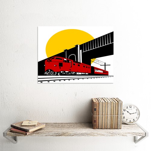 PAINTING ILLUSTRATION TRANSPORT TRAIN RAILWAY BRIDGE SUN POSTER PRINT BMP11374