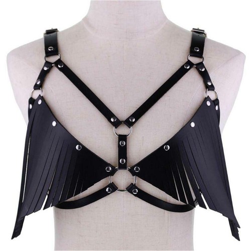 Women Gothic Faux Leather Tassels Chest Harness Bralette Body Chain Clubwear z