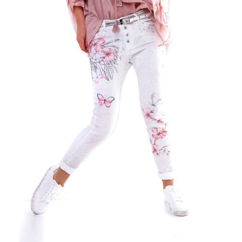DAMEN ITALY JEANS HOSE CHINO BOYFRIEND STYLE BUTTERFLY BLÜTEN PRINT WEISS S-XL
