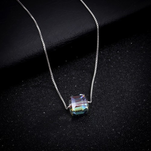 Cube Square Aurora Crystal Pendant Silver Chain Necklace Women Charm Jewelry