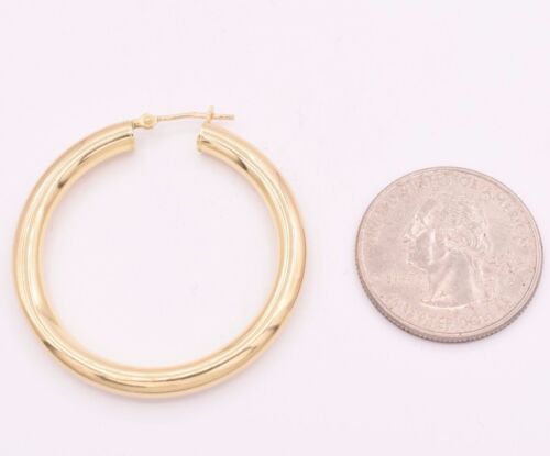 4mm X 40mm 1.5/" Medium Size Shiny Plain Bold Hoop Earrings REAL 10K Yellow Gold