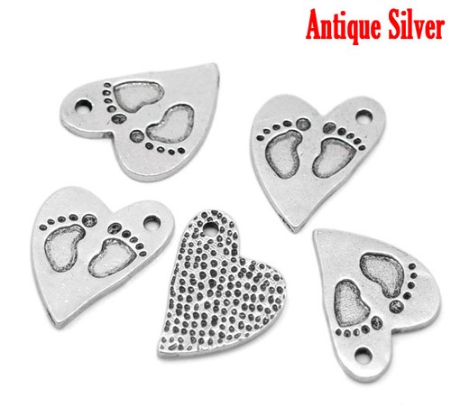 UK 24B 5 ANTIQUE SILVER BABY FEET HEART CHARM//PENDANT~Baby Shower~Christening