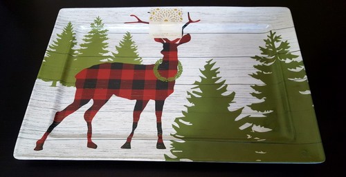 NEW Cynthia Rowley Plaid Christmas Holiday Deer Country Melamine Serving Platter
