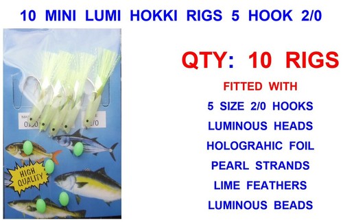 10 MINI LUMI HOKKI RIGS 5 HOOK SIZE 2//0 SEA FISHING COD MACKEREL FEATHER LURES