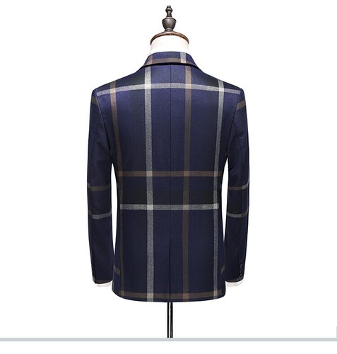 Men Navy Plaid Suit Groom Tuxedos Formal Wedding Prom Party Dinner Suit Custom