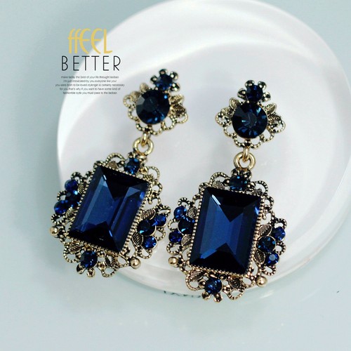 Boucles d`Oreilles Clips Doré Pendant Bleu Carré Foncé Vintage Class Original J1