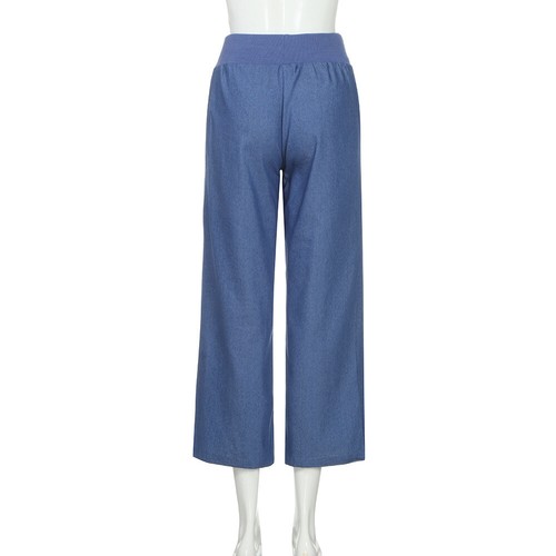 Women Solid Casual Loose Elastic Denim Wide Leg Pants Jeans Long Trousers Pajama