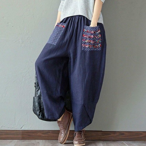Women/'s Linen Harem Pants Casual Baggy Trousers Boho Loose Leisure Work New