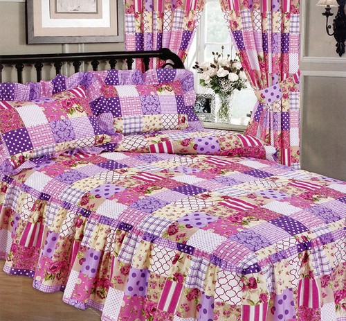 KING SIZE PATCHWORK BERRY LUXURY QUILTED FITTED BEDSPREAD FRILL LILAC WHITE