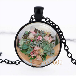 Succulente FLEURS PHOTO dôme en verre noir chaîne collier pendentif en gros