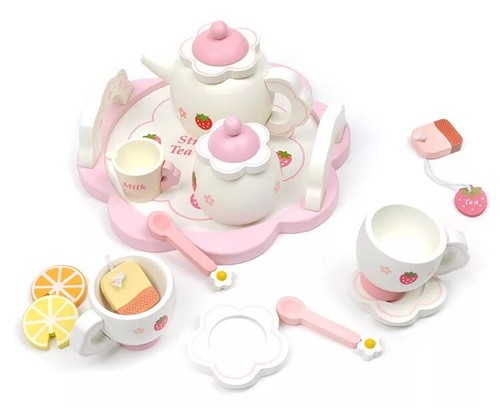 Wood High Tea Toy Set Girl Princess Afternoon Tea Kid Pretend Play Cup Dish Set