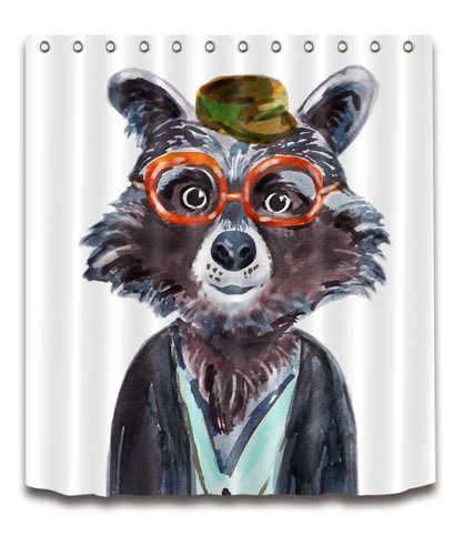 Glasses Raccoon Shower Curtain Liner Bathroom Mat Waterproof Fabric /& 12 Hooks