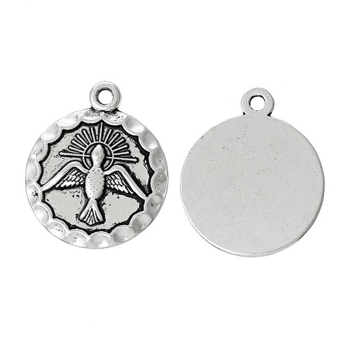 10 PCs Charm Pendants Round Antique Silver Birds Pattern Carved 23mmx19mm LC4690