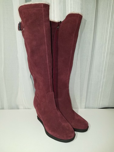Isaac Mizrahi Womens Boots Burgundy Suede Faux Sherpa Karen Wedge Size 6