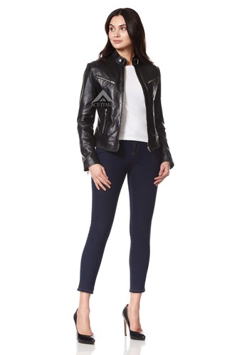 SPEED Ladies Leather Jacket Black Soft Light Leather Classic Biker Style SR-01