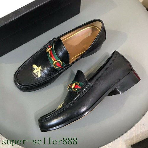 Men Genuine Leather Buckle Loafers Bee Embroidered Formal Business Shoes Black