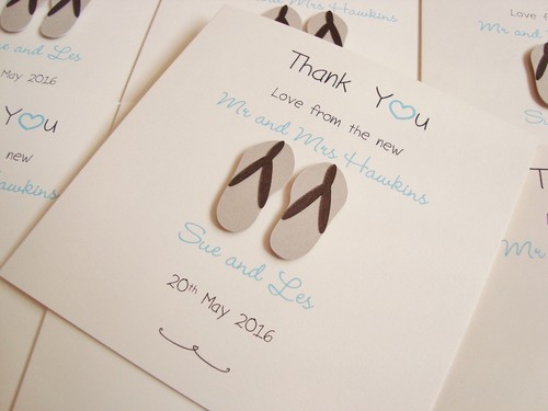 Set of 10 Personalised Handmade Flip Flop Beach Wedding Thank You Cards