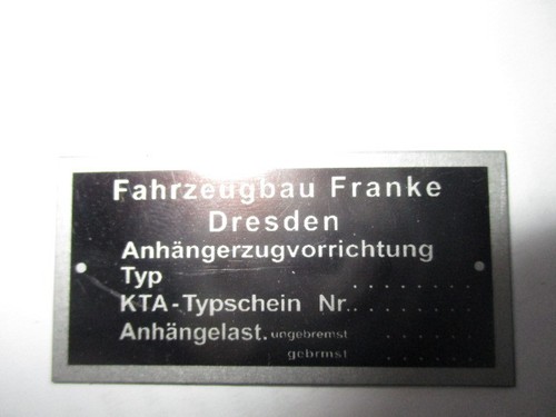 de s57 anexos acoplamiento Wartburg trabant Barkas remolque Franke sin remol Placa de identificación