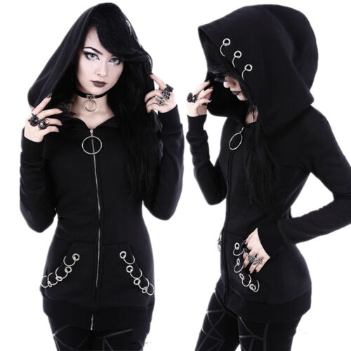 Gothic Punk Damen Kapuzen Jacken Sweatjacke Mantel Kapuzenpullover Sweatshirt