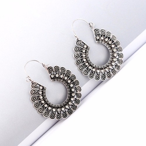 1 Paire Femme Vintage Boho Tribal Gypsy Argent Antique Sculpté Boucles d/'oreilles Créoles