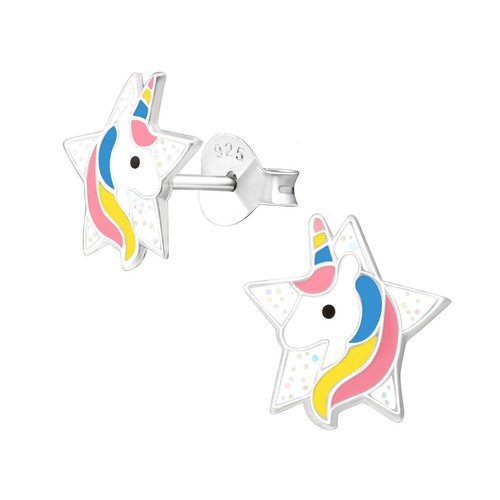 Sterling Silver Childrens GIRLS Kids Glitter Unicorn Horse Stud Earrings Boxed