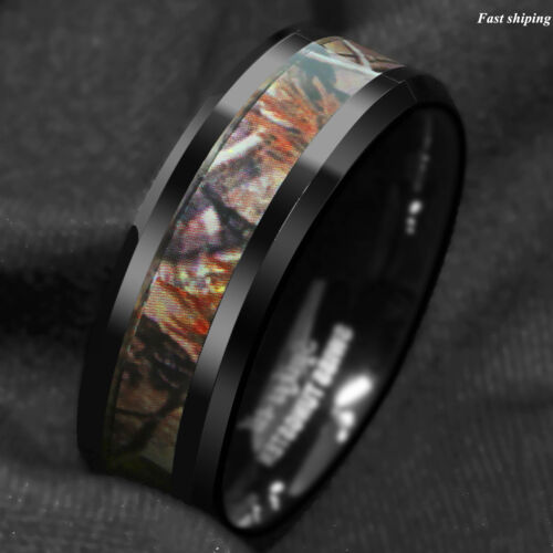 Black Tungsten Men/'s Red Forest Camouflage Camo Hunting ATOP Band Ring Size 6-13