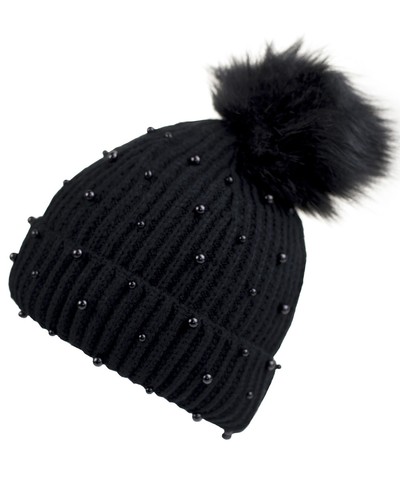 Damen Mütze Winter mit Kunstfellbommel und Perlen gefüttert Strickmütze Schwarz