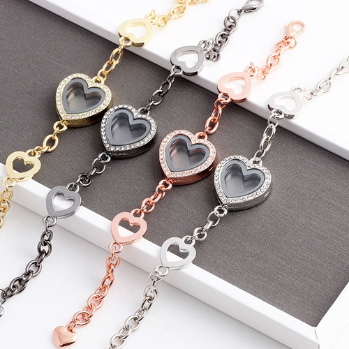 5PCS Full Crystal Cœur Ouverture Magnétique Flottant Charme Verre Médaillon Bracelet