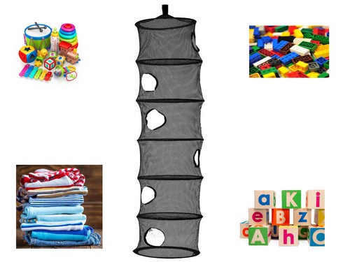 BLACK 6 COMPARTMENT HANGING NET STORAGE NURSERY ORGANISER TIDY KIDS TOYS CLOTHES