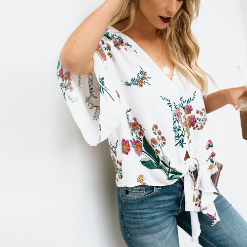 Fashion Women Bandage V Neck Floral Blouse T-Shirt 3//4 Flare Sleeve Blouse Tops