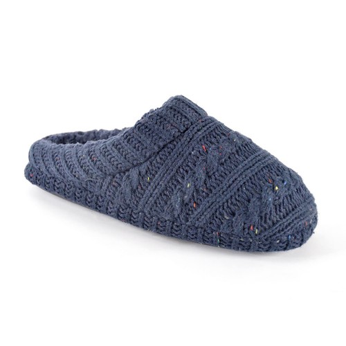Mens Navy Blue Flecked Knitted Mule Slippers