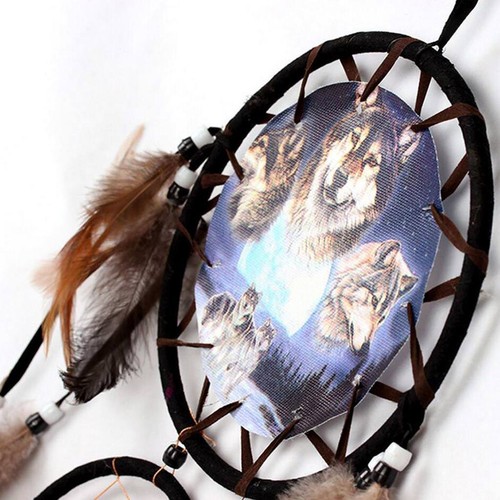 Handmade Loup Feathers Motif Dream Catcher Perles capture rêve mur Car Décor