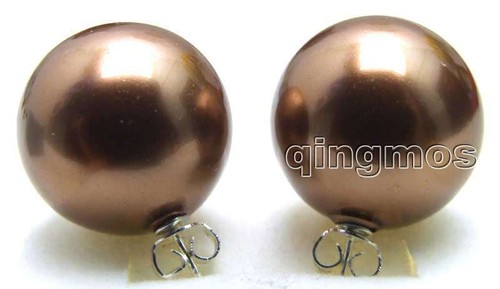 18mm Brown Round Sea Shell Pearl Earring Women Stering Silver 925 Stud ea425