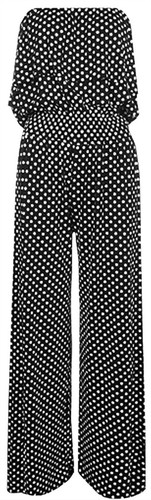 Womens Polka Dot Bandeau Off Shoulder Frill Top Wide Palazzo Leg Jumpsuit 8-22