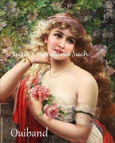 Victorian Woman Fabric Block Rose Bouquet Beautiful Long Auburn Hair