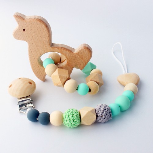 2pcs//set Baby Dummy Clips Infant Silicone Wooden Teether Dummy Chains Holder New