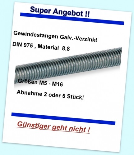 MAT .8 .8 din975 GALV Aste filettatura 2er Set di windowsPE m5-m16-1mtr.