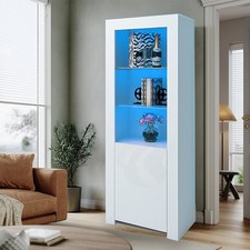 High Gloss Display Cabinet White Cupboard Tall Storage Sideboard with LED Lights