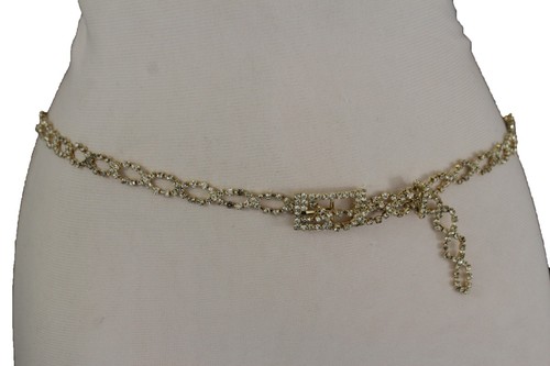 Fancy Women Hip High Waist Gold Metal Chain Narrow Belt Silver Rhinestones S M