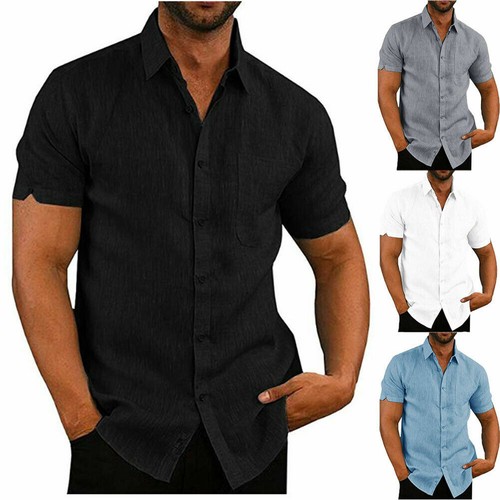 Mens Cotton Short Sleeve Summer Solid Shirts Casual Loose Dress Soft Tee Tops