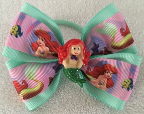 Girls Hair Bow 4/" Wide Ariel Little Mermaid Mint Green Grosgrain Ponytail Holder