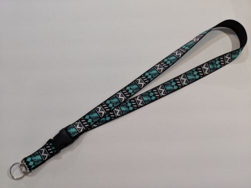 Teal White and Black Geometric or Aztec Removable Keychain Lanyard 