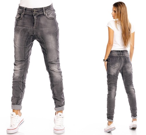 DAMEN BOYFRIEND JEANS HOSE DUNKELGRAU BAGGY STRETCH USED-WASCHUNG NÄHTE XS//S//M//L