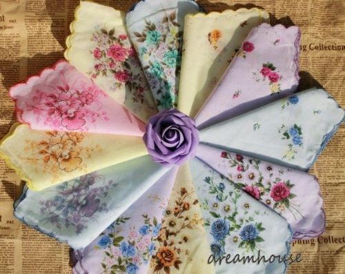 12pcs Women Lady Vinatge Floral Flower Hankies Handkerchiefs Wedding Party Decor