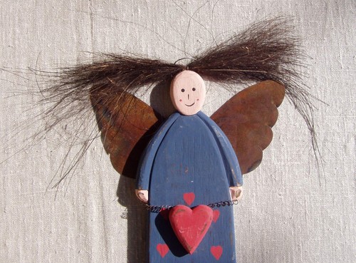 rotes Herz 2 x ENGEL Handarbeit ca.30cm Holz//Metall SCHUTZENGEL blau-antik