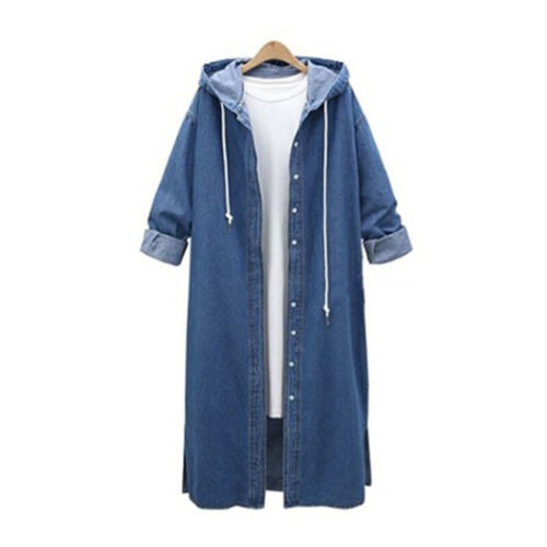 Women Long Loose Denim Coat Hoodie Hooded Outwear Jean Ladies Fall Casual Jacket